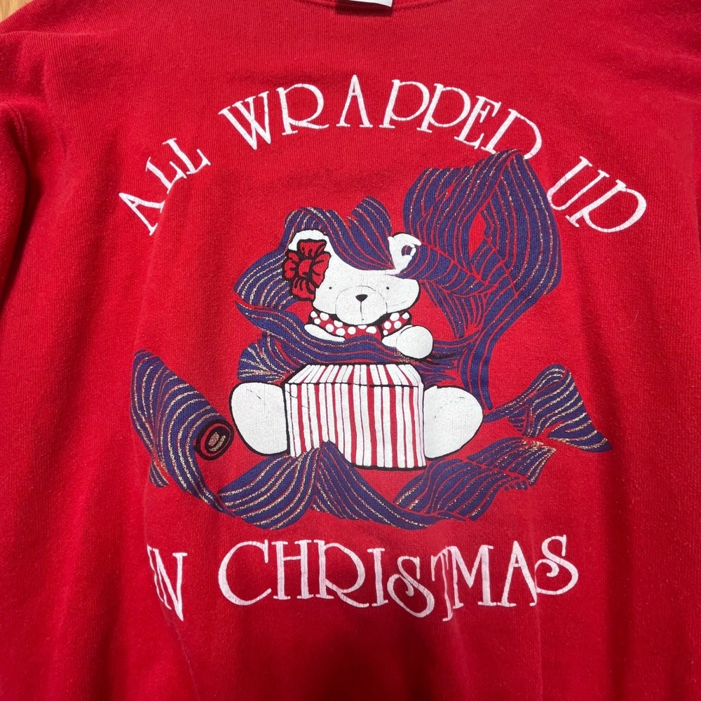 Vintage Hanes All Wrapped Up In Christmas Red Crew Sweatshirt 80s 90s size Large
